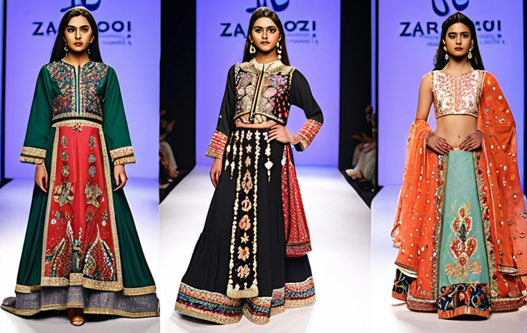 A vibrant fashion show scene, models of diverse backgrounds showcasing clothing made from recycled materials, incorporating traditional Urdu embroidery patterns (like *Zardozi*) onto modern silhouettes. Focus on sustainable fashion with a cultural twist.
