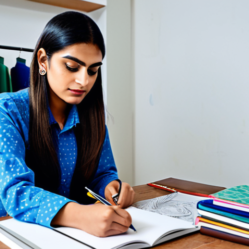 **

"A successful Pakistani fashion designer, fully clothed in professional attire, sketching designs in a bright, modern studio in Karachi, surrounded by fabric samples and design books, safe for work, appropriate content, modest clothing, perfect anatomy, natural pose, well-formed hands, proper finger count, high quality."

**