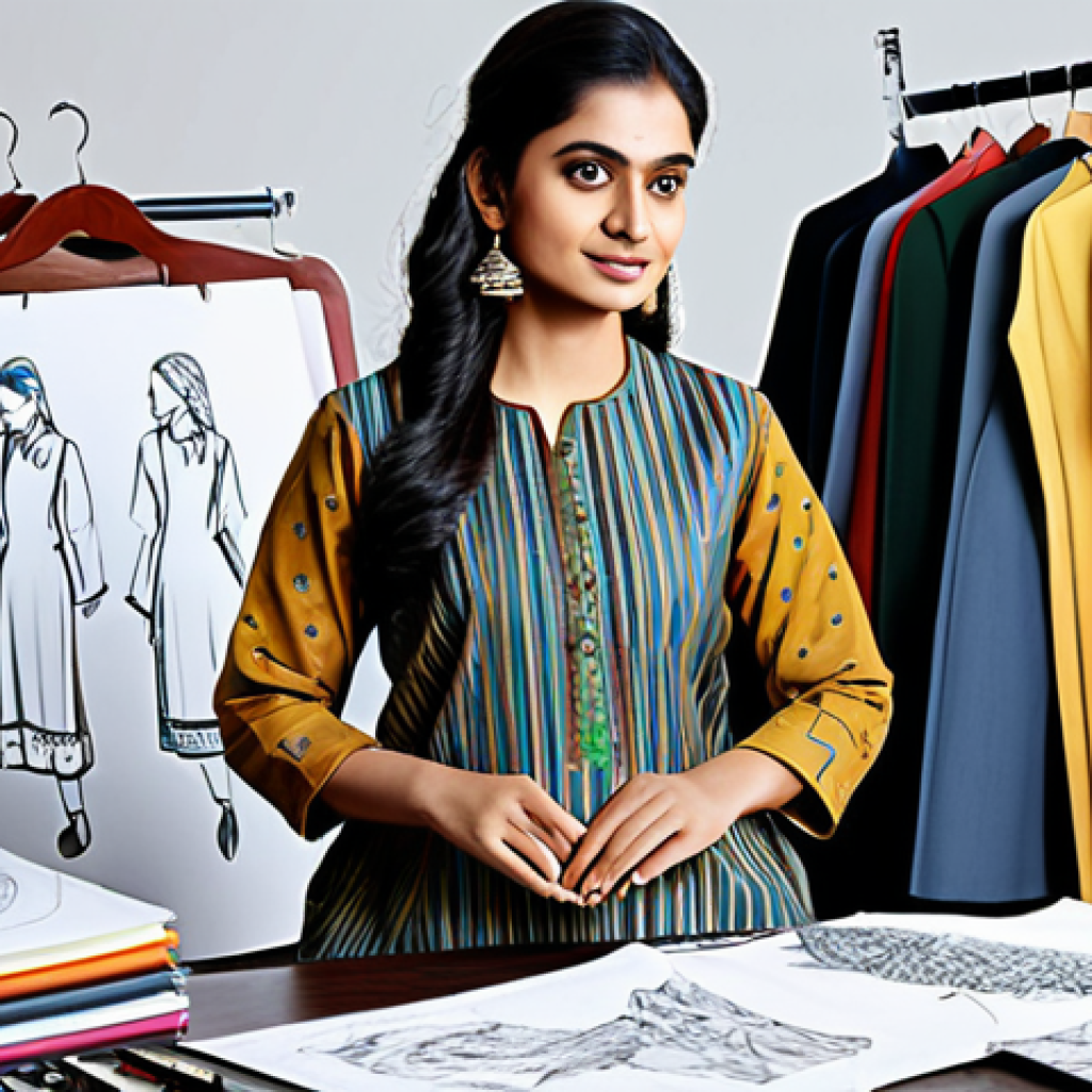 패션디자인 강사와 수강생 인터뷰 - **Prompt:** A professional female fashion designer in her studio, surrounded by sketches and fabric ...