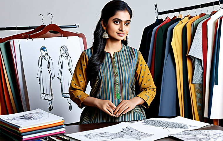 패션디자인 강사와 수강생 인터뷰 - **Prompt:** A professional female fashion designer in her studio, surrounded by sketches and fabric ...