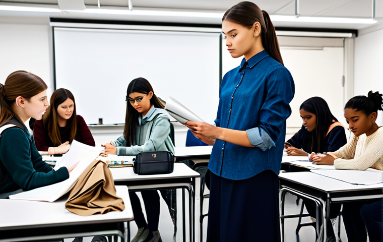 패션디자인 강사와 수강생 인터뷰 - **Prompt:** A professional female fashion designer in her studio, surrounded by sketches and fabric ...