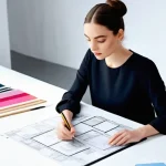 패션디자인 취업을 위한 자기소개서 작성법 - A focused and aspiring young fashion designer, wearing a chic blouse and tailored trousers, is sketc...