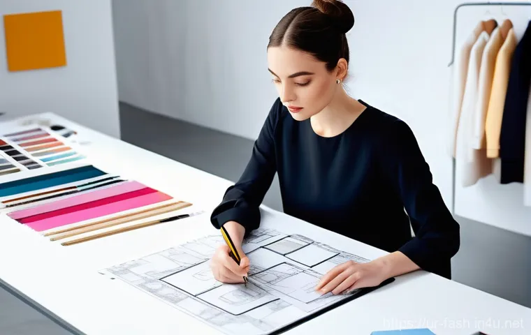 패션디자인 취업을 위한 자기소개서 작성법 - A focused and aspiring young fashion designer, wearing a chic blouse and tailored trousers, is sketc...