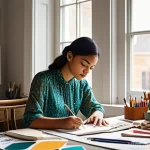 패션디자인 대학 전공 필수 과목 - **A young female fashion designer, elegantly dressed in a chic, modest outfit, is deeply engrossed i...