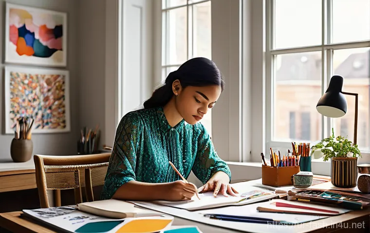 패션디자인 대학 전공 필수 과목 - **A young female fashion designer, elegantly dressed in a chic, modest outfit, is deeply engrossed i...