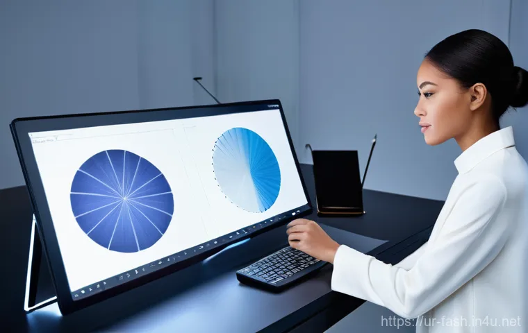 패션디자인 대학 전공 필수 과목 - **In a sophisticated fashion atelier, a skilled designer, modestly dressed in a smart work apron and...